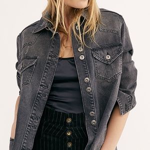 Free People Black Denim Jacket Weathered Size L